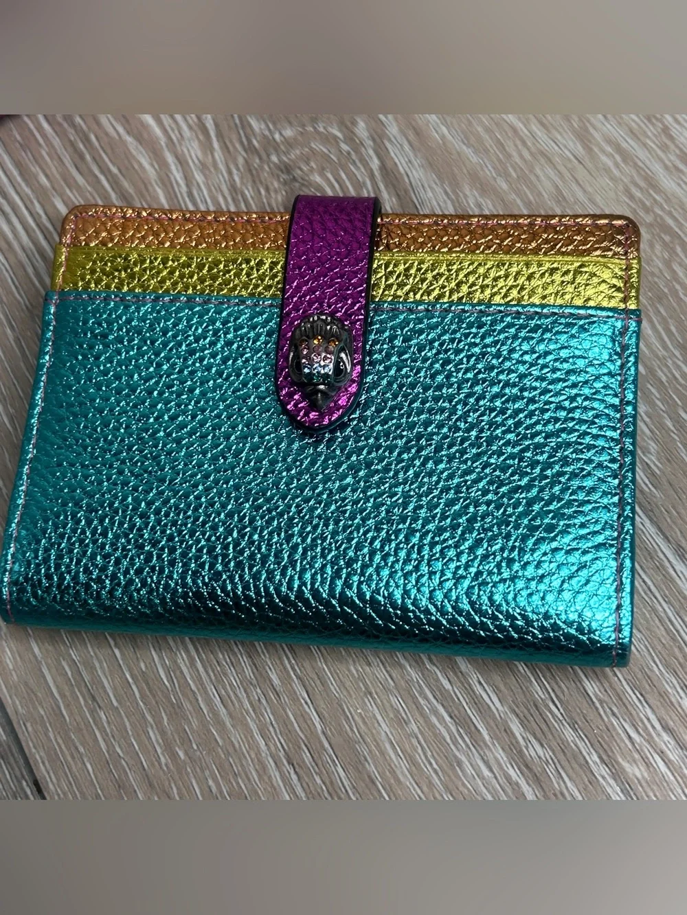 Kurt Geiger Metallic Rainbow Leather Pouch & Wallet Set - Teal, Purple, Gold